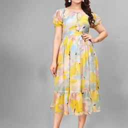 GROMint Women Floral Printed Tie-Up Neck Puff Sleeve Fit & Flare Midi Dress-image-15