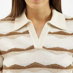 United Colors of Benetton Women Striped Polo Collar Pure Cotton Pockets T-shirt image 4