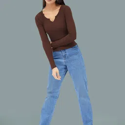 Maheshvi Top Women Ribbed Long Sleeves V-Neck Fitted Top image 2