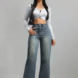 R.Code by The Roadster Life Co. Women Jean Wide Leg High-Rise Heavy Fade Stretchable Jeans image 4