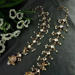 Sanjog Gold-Plated Kundan Studded & Artificial Beaded Dome Shaped Jhumkas With Ear Chains image 4