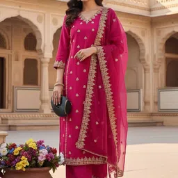 CARTYSHOP Women Ethnic Motifs Embroidered Regular Thread Work Chanderi Cotton Kurta with Palazzos & With-picture-20