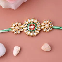 voylla Designer Kundan Enameled Floral Rakhi with Roli Chaawal Pack Mauli Thread Chawal Roli Pack Set-picture-12