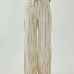 Shop Staple Women Off White & Green Linen Striped Straight Pants-picture-48
