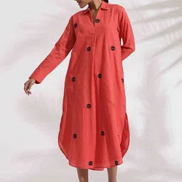 trueBrowns Women Orange Cotton Embroidered Flared Shirt Dress-picture-54