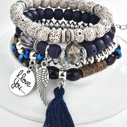 DressBerry Set Of 4 Silver-Plated Crystals Studded & Beaded Elasticated Bracelet-picture-38