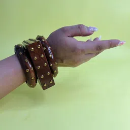 TAG 7 Women Set of 3 Brown Wooden Round & Square Bangles Set-picture-37