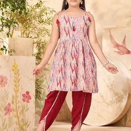 BAESD Girls Abstract Printed Tie-Up Neck Pure Cotton A-Line Kurta with Dhoti Pants-picture-38