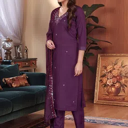 Moda Rapido Floral Embroidered V-Neck Sequinned Straight Kurta With Trousers & Dupatta image 2