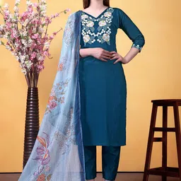 KALINI Women Floral Embroidered Thread Work Kurta with Trousers & Dupatta image 3