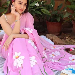 KALINI Floral Linen Blend Handloom Block Print Saree-image-57