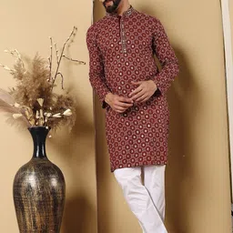 CHIRASVI Men Maroon Viscose Rayon Straight Kurtas image 3