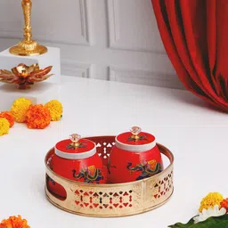 Red Elephant Motifs Jars With Tray Set-image-23
