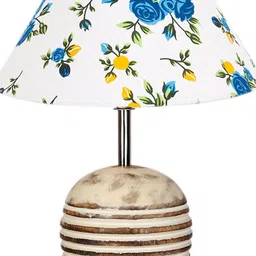 Devansh White & Blue Printed Wooden Table Lamp With Cotton Shade image 2
