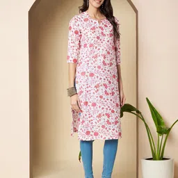 Poshak Hub Floral Printed Notch Neck Cotton Straight Kurta image 2