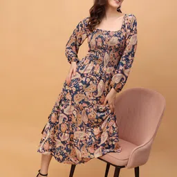 RANGRIWAZWomen Ethnic Motifs Printed Smocked & Tiered A-Line Dress-image-7