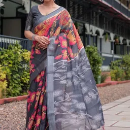 MAHARANI COUTURE Ethnic Motifs Printed Zari Pure Linen Banarasi Saree-picture-33