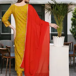 True Shape Ethnic Motifs Printed Round Neck Cotton Straight Kurta With Trouser & Dupatta image 4