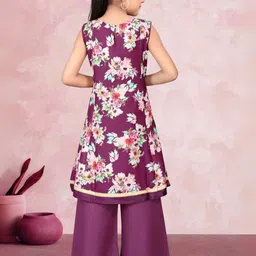 KALINI Girls Floral Printed Round Neck A-Line Kurta With Palazzos & Dupatta image 4