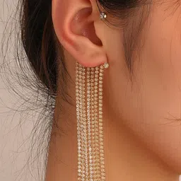 Zaphariq Gold-Plated Cubic Zirconia Studded Tasselled Contemporary Korean Ear Cuff-image-46