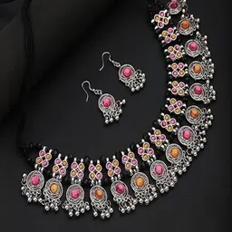 bmino Latest traditional Multi-Color Oxidised Silver-Toned Traditional Necklace Set-picture-28