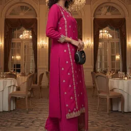 CARTYSHOP Women Floral Embroidered Panelled Thread Work Chanderi Cotton Kurti with Trousers & With Dupatta image 3