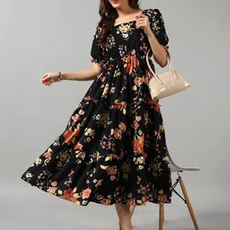 Femvy Women Floral Print Puff Sleeve Tiered Fit & Flare Midi Dress-image-38