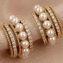 Simran Creation Gold-Plated Stones Studded & Beaded Contemporary Half Hoop Earrings image 5