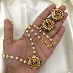 ROFARWORD Gold Plated Cubic Zirconia Stone Studded & Beaded Jewellery Set image 3