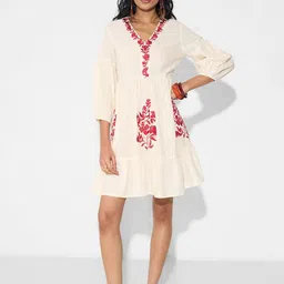 AKKRITI BY PANTALOONS Women Floral Embroidered Puff Sleeve Fit and Flare Dress-picture-21