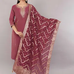 JIDI FASHION Floral Embroidered Notch Neck Zari Straight Kurta With Trousers & Dupatta-image-71