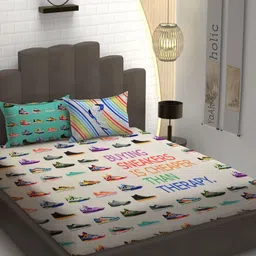 YaAkholic Cream-Coloured Geometric Cotton 250 TC Double King Bedsheet Set-2.54 m x 2.28 m-image-24