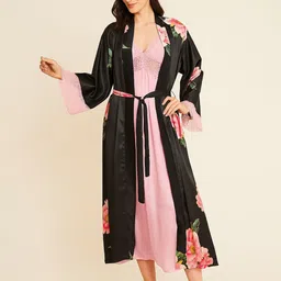 Ms.Lingies Women Midi Nightdress With Floral Printed Robe-image-9