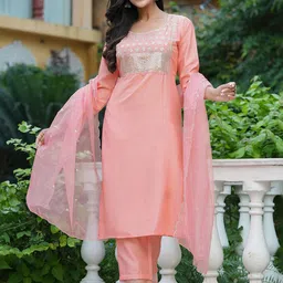 KALINI Floral Embroidered Sequinned Straight Kurta With Trousers & Dupatta-picture-36