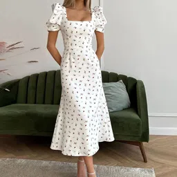 StyleCast Floral Printed Puff Sleeve Square Neck Fit and Flare Midi Dress-picture-13