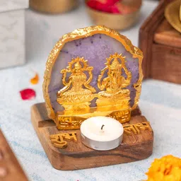 HOMEARTE Laxmi Ganesha with Green Agate and Wooden Base Showpiece image 4