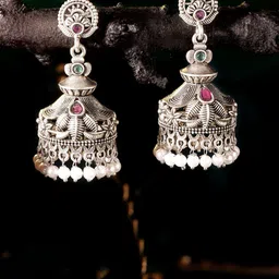 Priyaasi Silver-Plated Oxidized Stone Studded & Beaded Dome Shaped Jhumkas-picture-50