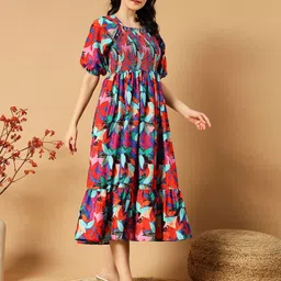 Krunal Raiyani Women Floral Printed Square Neck Smocked Puff Sleeves Fit & Flare Dress-image-87