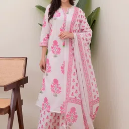 Snofi Creation Floral Printed Pure Cotton Straight Kurta With Palazzos & Dupatta image 3