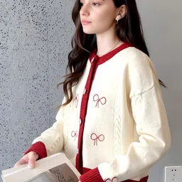 HERE&NOW Women Off White Collarless Long Sleeves Printed Polyester Open Front Jacket image 2