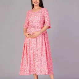 KALINI Floral Printed Maternity Feeding Fit and Flare Midi Dress with zip image 4