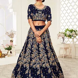 FABPIXEL Embroidered Beads and Stones Velvet Semi-Stitched Lehenga Choli With Dupatta image 2