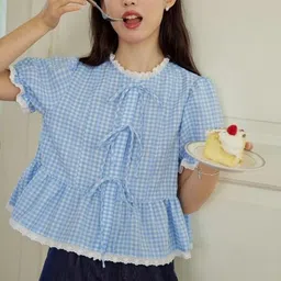 quintessentials Casual Puff Sleeves Checkered Women Light Blue Top-picture-26