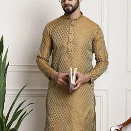 SOJANYA Men Golden & Beige Woven Design Jacquard Kurta image 3