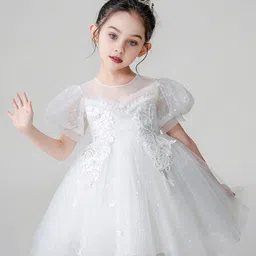 INCLUD Girls Self Design Round Neck Puff Sleeves Fit & Flare Dress image 5