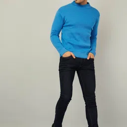 kvetoo Men Solid High Neck Blue Sweater image 5