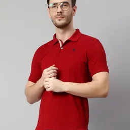 cantabil Men Solid Polo Neck Cotton Blend Red T-Shirt image 3