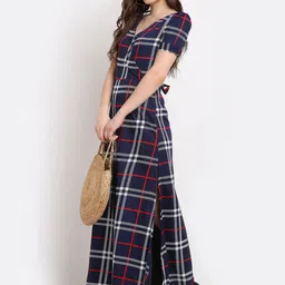 La Zoire Navy Blue & White Checked Crepe Maxi Dress image 5