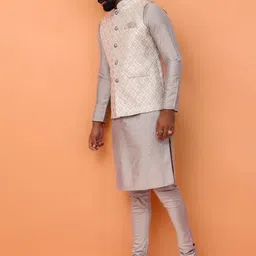KISAH Mandarin Collar Straight Kurta With Churidar & Woven Design Nehru jacket image 4