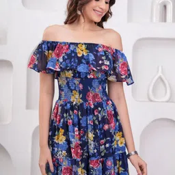 KALINI Off-Shoulder Flared Sleeve Georgette Fit & Flare Midi Dress image 3